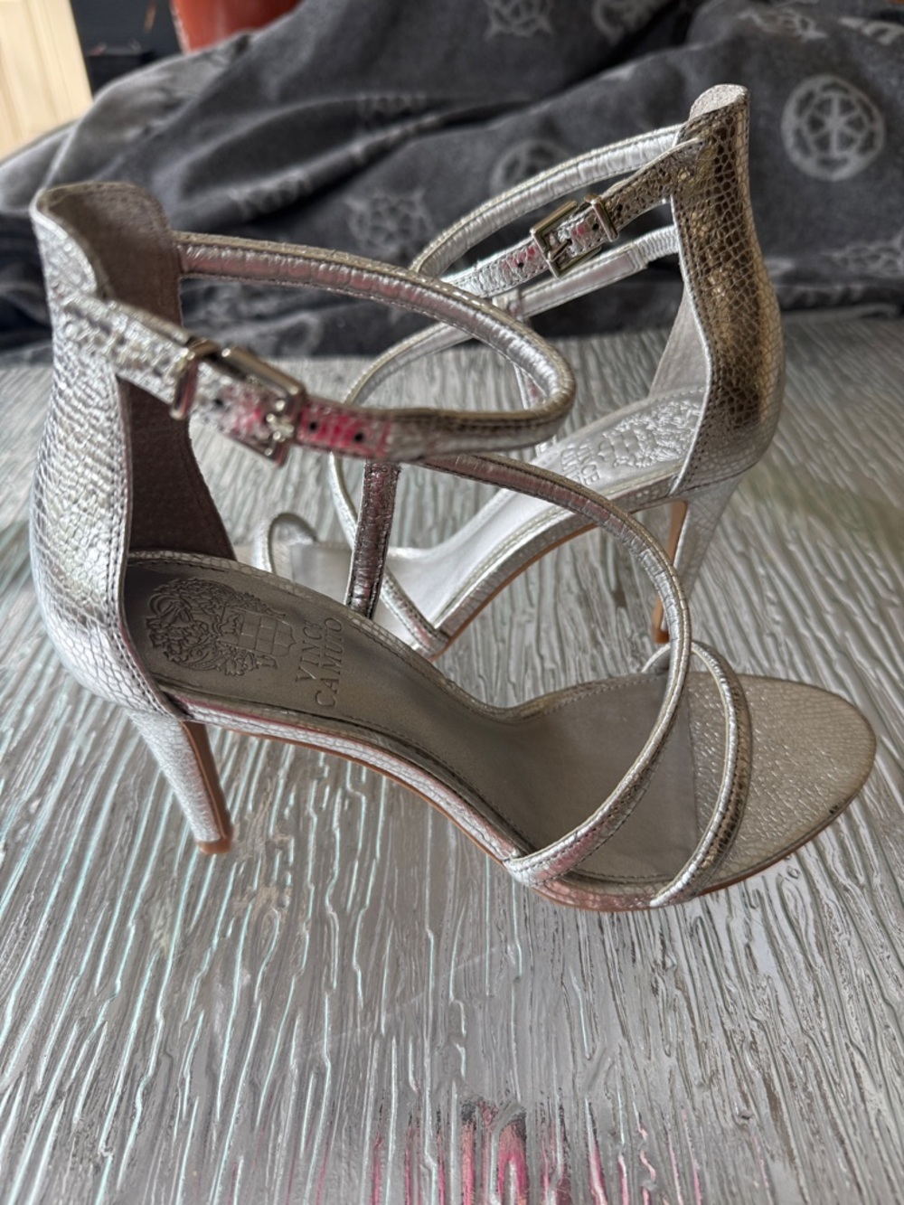Vince Camuto Metallic Silver Strappy Ankle-Heel Sandals - Picture 5 of 5